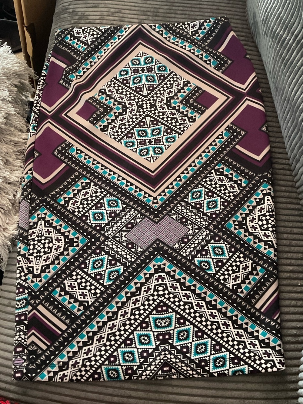 BCX Purple Geometric Pencil Skirt with Teal and Black Accents